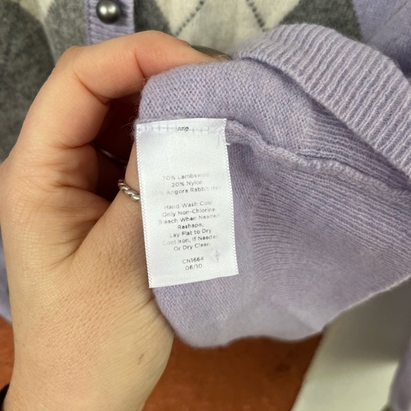 Talbots Purple Gray Lambswool Angora Rabbit Argyle Cardigan Sweater Large - Picture 2 of 6